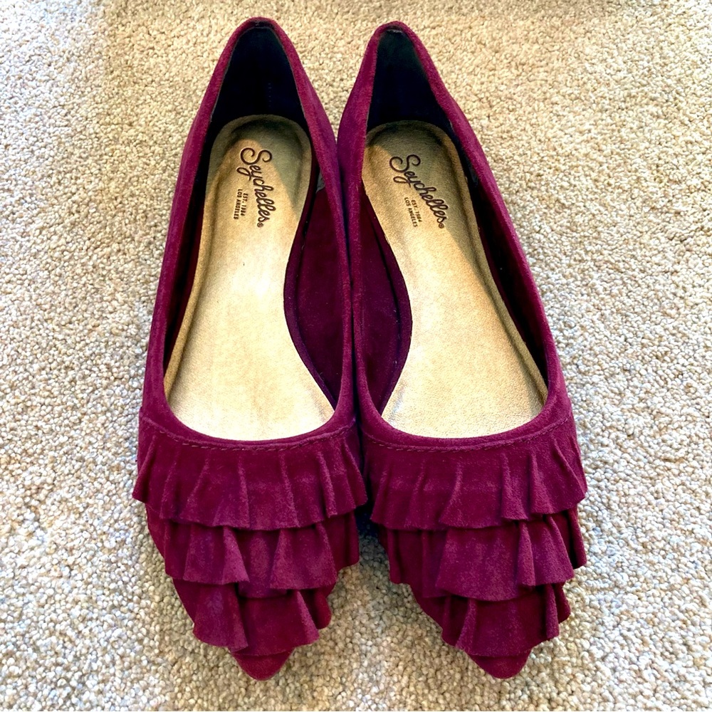 6.5 Seychelles Downstage Burgundy Suede Flats, Ruffled Suede Detail